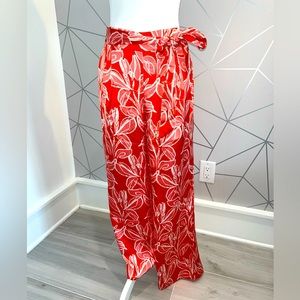 Sincerely Jules Satin Wide Leg Dress Pants Orange Tropical Floral Tie Belt Sz:M
